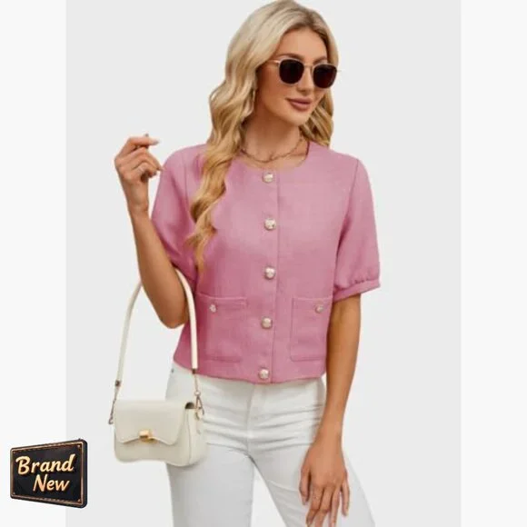 Cropped Tweed Blazer with Puff Sleeves for Office Work Slim Fit - Picture 6 of 7